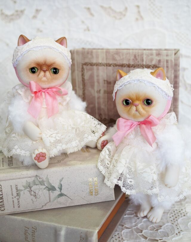 .
この子達も「時の博覧会」展に参加させていただきます♪

双子のねこちゃん＆しょんぼりねこちゃん♡

真っ白のふわふわカーリーファーの双子のねこちゃんたちです。
柔らかなコットンレースのワンピースにヘッドドレスをつけて大きなピンクのシルクリボンを結んでいます🎀

すべて着脱可能です。お顔手足 可動します。
毛並みは一本一本手彫りしています。
この子達にも会いにきていただけたら嬉しいです🐾

#時の博覧会展11/24-12/3
#神戸 #タイムロマン
#ねこちゃん #双子 #猫 #cat #catdoll #dolls #bisque #ぬいぐるみ #ビスクドール #uncreerアンクレール #里親募集 #人形展 #創作人形